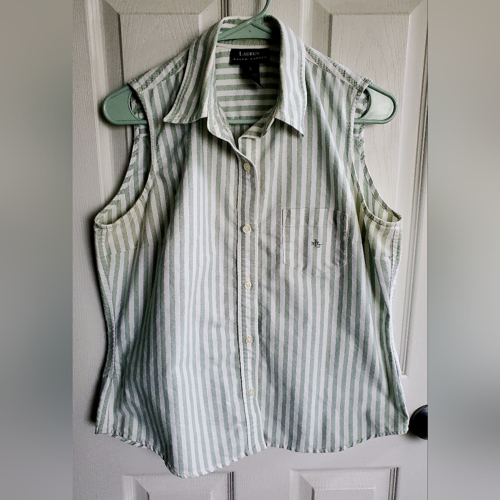 Lauren Ralph Lauren Mint Green Striped 100% Cotton Sleeveless Button Top Size L